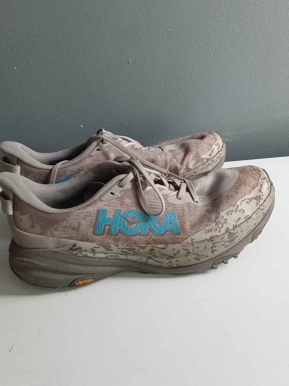 Hoka Zinal Trail Running Shoes Taupe Blue Vibram Megagrip Mens Sneakers - Picture 7 of 10